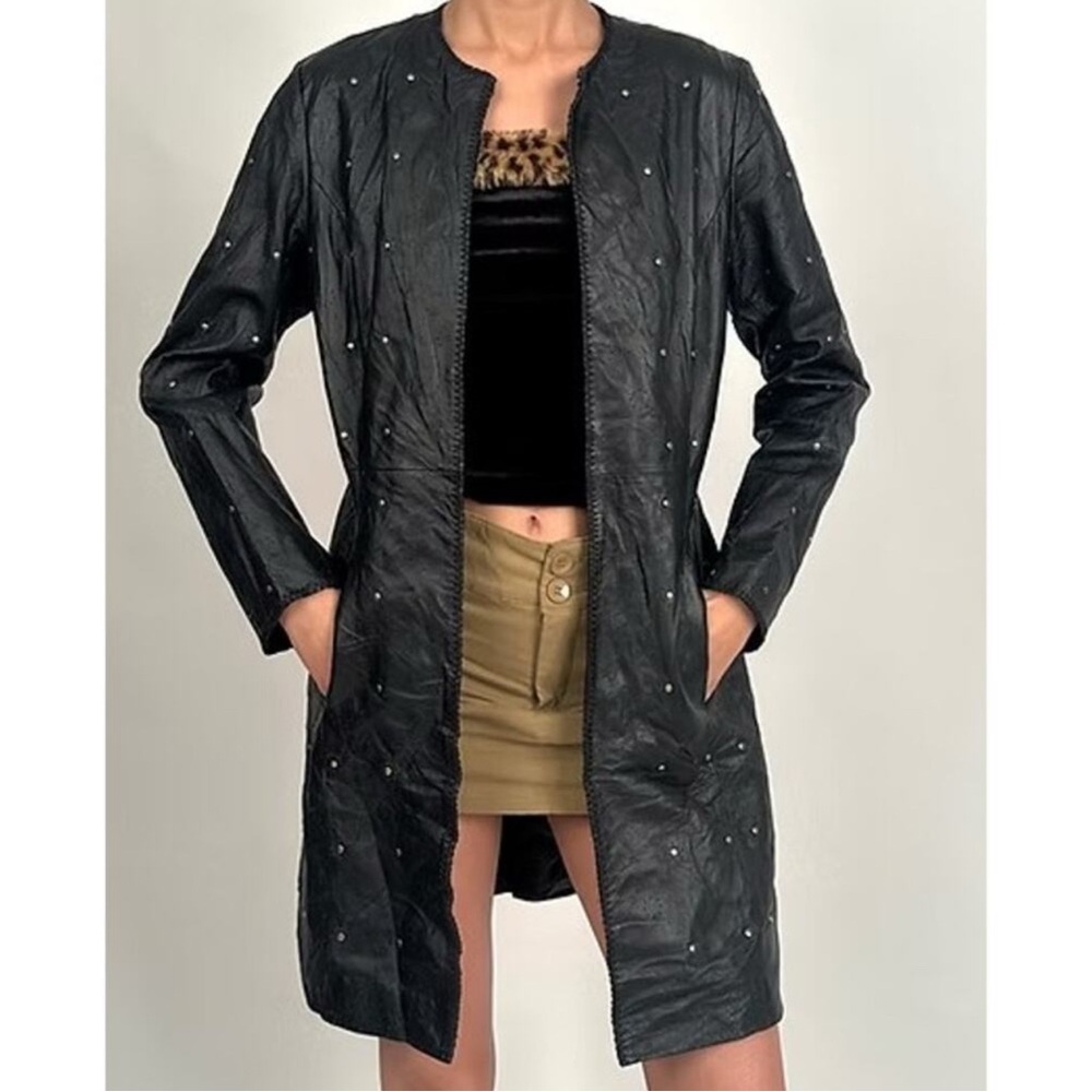 Pamela McCoy Black Genuine Leather Studded Perforated Long Leather Jacket Coat L